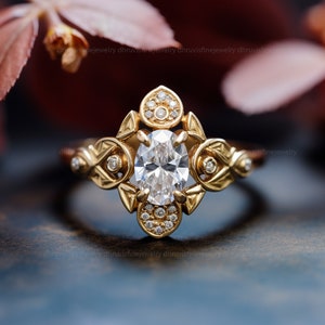 oval diamond engagement ring - art deco engagement ring - lab grown diamond engagement ring oval moissanite engagement ring solid gold ring