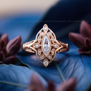 Art deco engagement ring, Art nouveau ring, Marquise diamond ring, Nature inspired ring, Vintage gold ring, Lab grown diamond ring