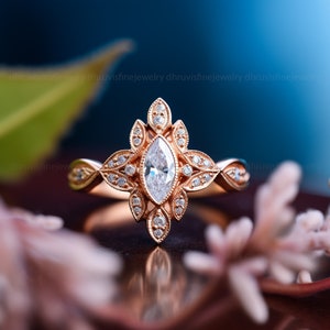 marquise diamond engagement ring, art deco engagement ring, nature inspired ring, lab grown diamond ring, solid rose gold engagement ring