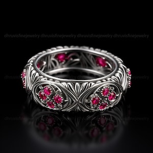 Ruby silver band, 925 silver ring, antique silver ring, art deco silver band, Victorian silver ring, estate silver ring, pattern silver ring