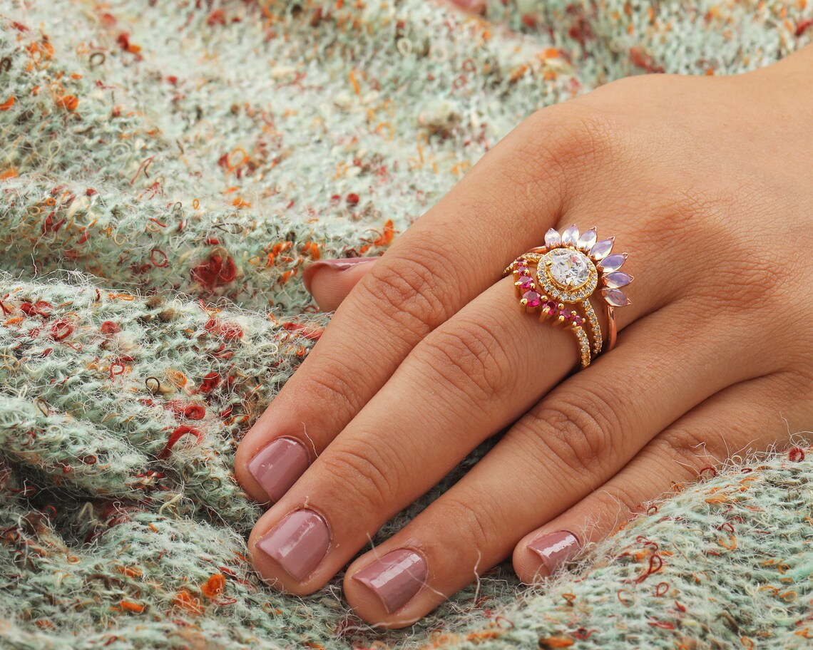 Hippie engagement ring set solitaire moissanite engagement Etsy