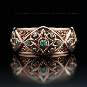 emerald gold band - vintage wedding band - solid rose gold wedding band - art nouveau band - emerald wedding band - pattern wedding band