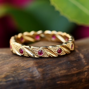 ruby  ring, solid gold stacking ring, vintage wedding ring, nature inspired stacking ring, ruby wedding ring, leaf ring floral wedding ring