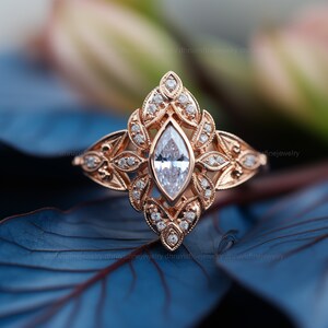 marquise moissanite engagement ring - marquise cut lab grown diamond engagement ring - art deco engagement ring - solid gold ring
