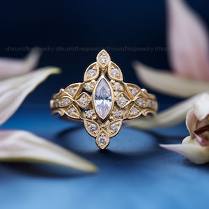 Marquise diamond ring, Art deco engagement ring, Nature inspired ring, CVD diamond, Art nouveau ring, Engagement ring Lab grown diamond ring