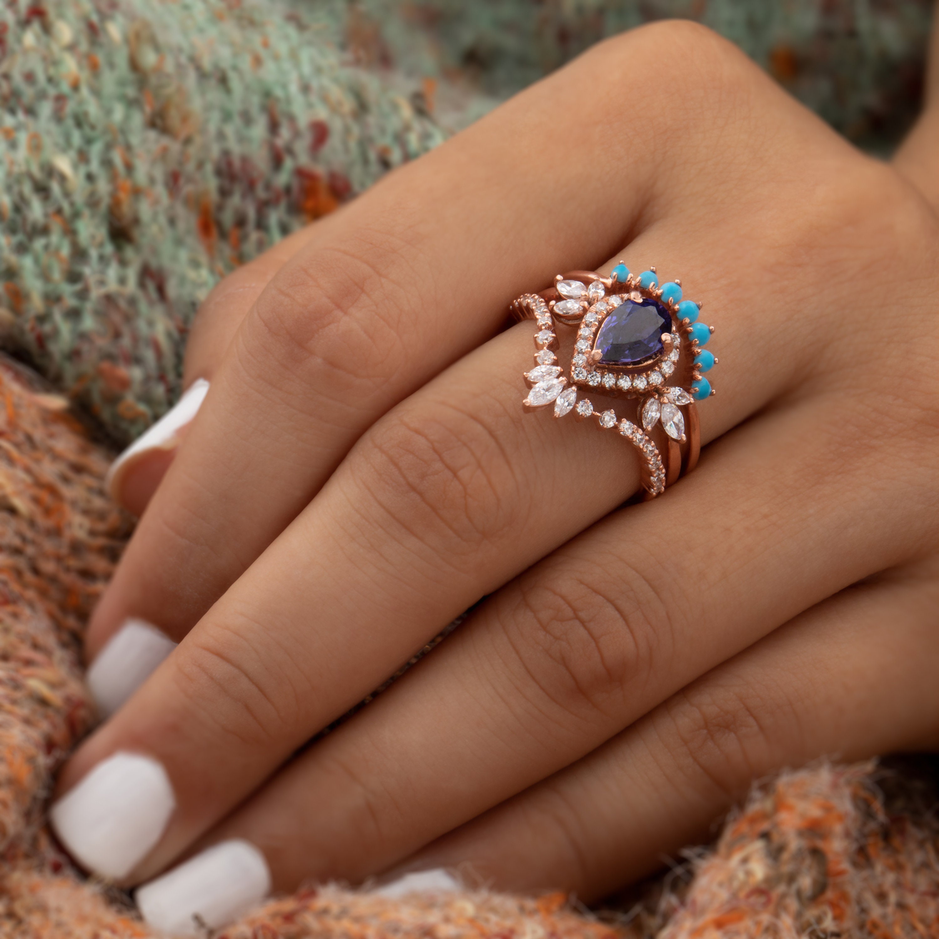 Pear Shape Alexandrite Alternative Halo Engagement Ring Set 14k Solid ...