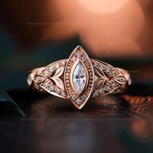 marquise moissanite engagement ring - art deco engagement ring - marquise cut lab grown diamond ring - solid gold ring - pattern gold ring