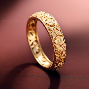 Gold wedding Band, Vintage wedding ring, Nature inspired band, Textured gold ring, Solid gold wedding band, Leaf gold band Best gift for her