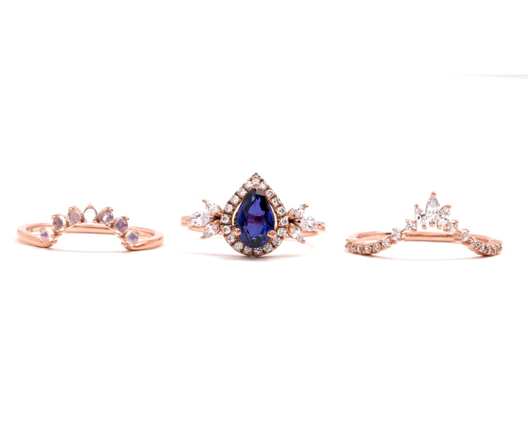 Pear Shape Alexandrite Alternative Halo Engagement Ring Set 14k Solid ...