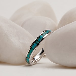 Turquoise inlay wedding band 14k Solid White Gold Unique Matching Ring For Engagement Turquoise December Birthstone Stacking Ring for Women