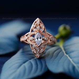 Art deco engagement ring, Lab grown diamond ring, Marquise diamond ring, Nature inspired ring, CVD diamond ring, Unique engagement ring