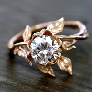 floral engagement ring- leaf ring - nature inspired wedding ring - lab grown diamond ring - moissanite  engagement ring - solid gold ring