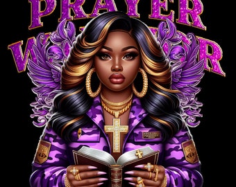 May include: A woman with long black and gold hair is wearing a purple camouflage jacket with a gold chain and a cross pendant. She is holding an open book with a cross on the cover. The text "PRAYER WARRIOR" is in purple glitter letters above her head.