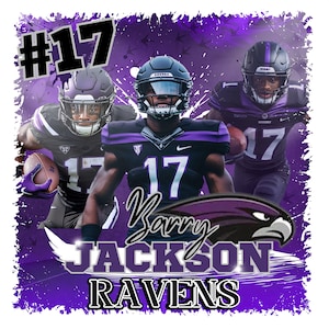 May include: Purple and black football jersey with the number 17 and the name "Barry Jackson" on the back. The jersey has a white bird logo on the front. The text "RAVENS" is below the name.
