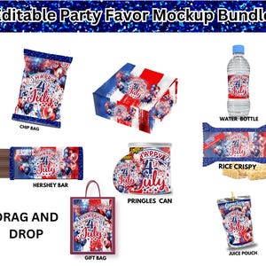 Pu&ograve; includere: Un pacchetto di mockup di bomboniere a tema patriottico. Include un sacchetto di patatine, una barretta Hershey, un sacchetto regalo, una bottiglia d'acqua, riso croccante, una lattina di Pringles e una bustina di succo, tutti decorati con grafica "Happy 4th of July".