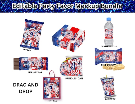 Editable 4th of July Party Favor Bundle | Canva Pro Templates for Chip Bags, Water Bottle, Pringles, Juice Pouch, Hershey & More