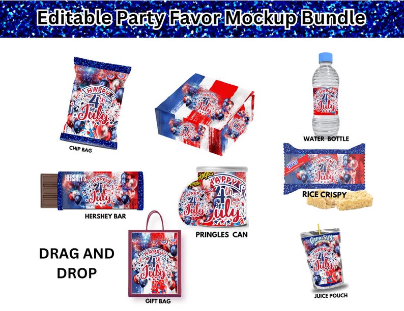 Pu&ograve; includere: Un pacchetto di mockup di bomboniere a tema patriottico. Include un sacchetto di patatine, una barretta Hershey, un sacchetto regalo, una bottiglia d'acqua, riso croccante, una lattina di Pringles e una bustina di succo, tutti decorati con grafica "Happy 4th of July".