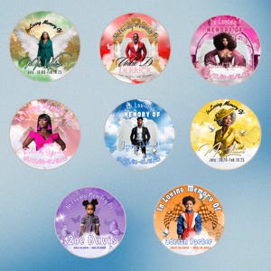 May include: Seven memorial circles, each with a portrait and the text "In Loving Memory Of." The circles feature angel wings and various color schemes, including pink, yellow, and blue. Each circle includes names and dates.
