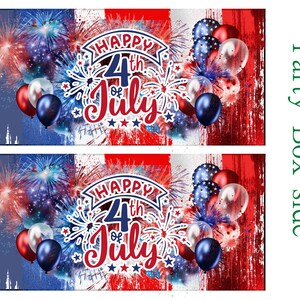 Pu&ograve; includere: Design rettangolare per il lato di una scatola per feste con una combinazione di colori rosso, bianco e blu. Il design presenta fuochi d'artificio, palloncini e il testo "Happy 4th of July". Il tema generale &egrave; patriottico e festoso.