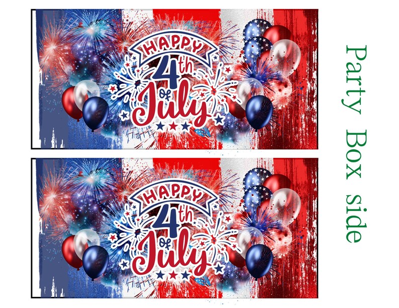 Pu&ograve; includere: Design rettangolare per il lato di una scatola per feste con una combinazione di colori rosso, bianco e blu. Il design presenta fuochi d'artificio, palloncini e il testo "Happy 4th of July". Il tema generale &egrave; patriottico e festoso.