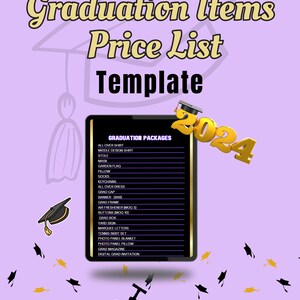 Modelo editável de lista de preços de itens de formatura, modelo Canva, turma de 2024, dia de formatura, último ano de 2024, presente de formatura, dia de formatura