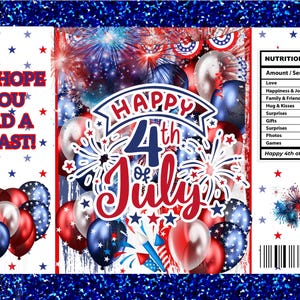 Pu&ograve; includere: Un design festivo del 4 luglio con palloncini rossi, bianchi e blu, fuochi d'artificio e la scritta "Happy 4th of July". Il design include anche la scritta "We hope you had a blast!" e una tabella nutrizionale.