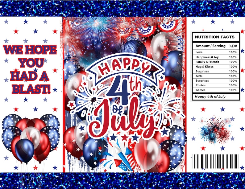 Pu&ograve; includere: Un design festivo del 4 luglio con palloncini rossi, bianchi e blu, fuochi d'artificio e la scritta "Happy 4th of July". Il design include anche la scritta "We hope you had a blast!" e una tabella nutrizionale.