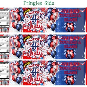 Pu&ograve; includere: Etichetta laterale Pringles rossa, bianca e blu con testo "Happy 4th of July" e grafica di palloncini. L'etichetta include anche informazioni nutrizionali e il testo "We hope you had a blast!"
