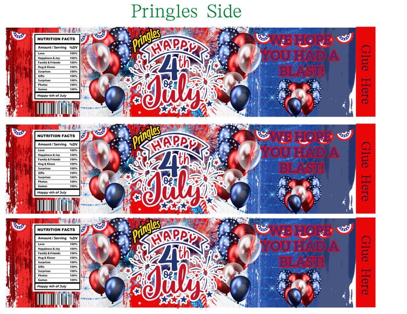 Pu&ograve; includere: Etichetta laterale Pringles rossa, bianca e blu con testo "Happy 4th of July" e grafica di palloncini. L'etichetta include anche informazioni nutrizionali e il testo "We hope you had a blast!"