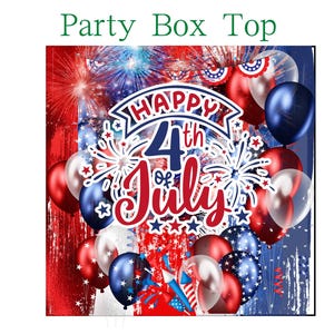 Pu&ograve; includere: Un design festivo con palloncini e fuochi d'artificio rossi, bianchi e blu, con la scritta "Happy 4th of July". Lo sfondo presenta strisce rosse e blu, creando un tema patriottico.