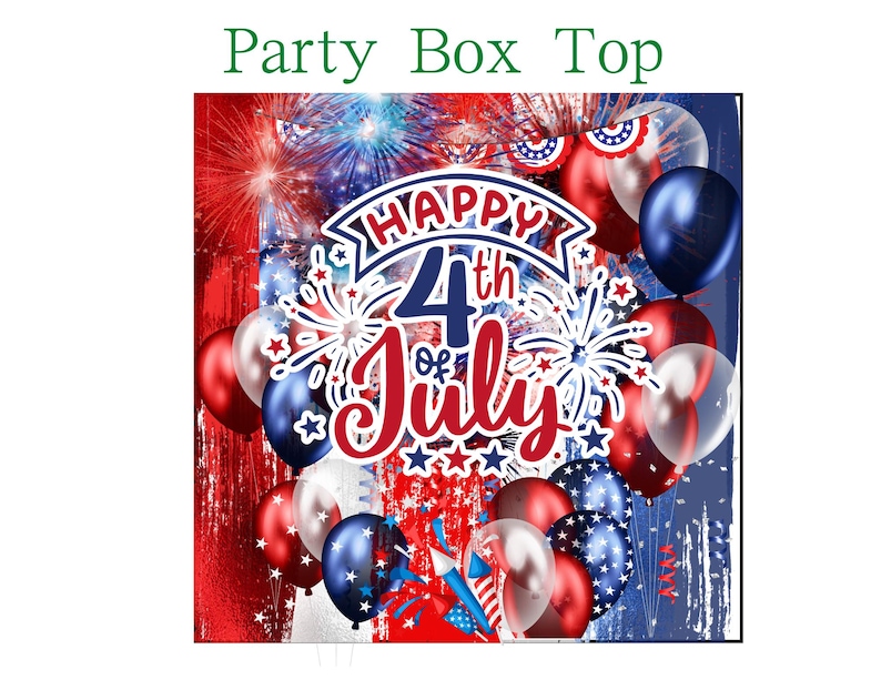 Pu&ograve; includere: Un design festivo con palloncini e fuochi d'artificio rossi, bianchi e blu, con la scritta "Happy 4th of July". Lo sfondo presenta strisce rosse e blu, creando un tema patriottico.