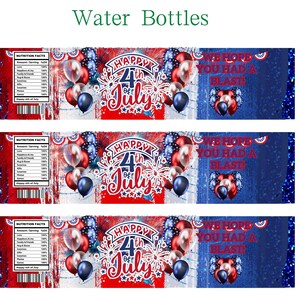 Pu&ograve; includere: Etichette per bottiglie d'acqua a tema patriottico. Le etichette presentano colori rosso, bianco e blu, palloncini, fuochi d'artificio e il testo "Happy 4th of July" e "We hope you had a blast!" Le etichette includono anche una sezione sui valori nutrizionali.