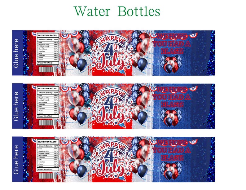Pu&ograve; includere: Etichette per bottiglie d'acqua a tema patriottico. Le etichette presentano colori rosso, bianco e blu, palloncini, fuochi d'artificio e il testo "Happy 4th of July" e "We hope you had a blast!" Le etichette includono anche una sezione sui valori nutrizionali.