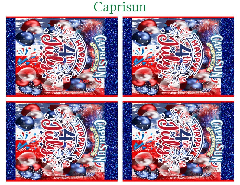 Pu&ograve; includere: Quattro confezioni di bevande Capri Sun con un design patriottico. Ogni confezione presenta una grafica "Happy 4th of July" con palloncini, fuochi d'artificio e stelle rosse, bianche e blu. &Egrave; visibile anche il testo "Capri Sun All Natural".