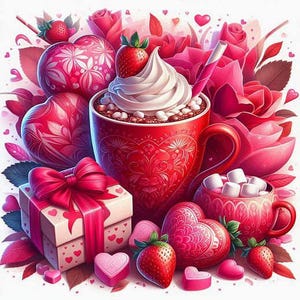 May include: A red and white heart-shaped mug filled with hot chocolate topped with whipped cream and marshmallows. A red and white heart-shaped box with a pink bow sits next to the mug. There are red roses and hearts in the background.