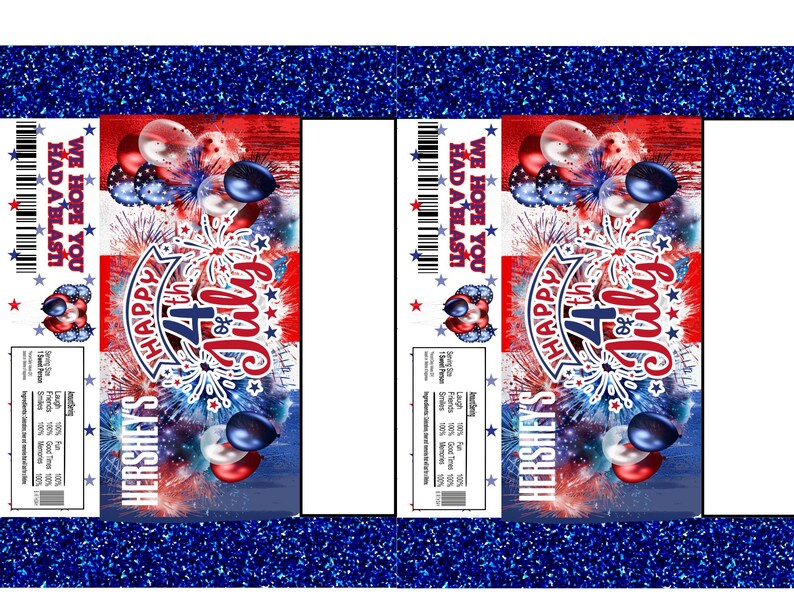 Pu&ograve; includere: Confezione di barretta di cioccolato Hershey's con un design patriottico per il 4 luglio. La confezione presenta colori rosso, bianco e blu, fuochi d'artificio, palloncini e la scritta "Happy 4th of July". &Egrave; incluso anche il testo "We hope you had a blast".