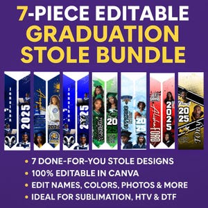 7 Editable Graduation Stole Canva Templates | Grad Stole Sublimation Designs | DIY Custom Stole | HTV, DTF, Cricut, Sublimation