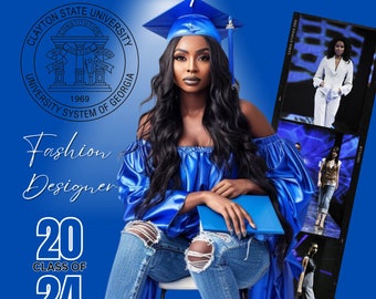Könnte beinhalten: Eine Frau in einem blauen Abschlussgewand und einer Kappe, zerrissenen Jeans und braunen Stiefeln. Sie hält ein blaues Buch und sitzt auf einem Stuhl. Der Hintergrund ist blau mit dem Logo der Clayton State University und dem Text "Senior Spotlight", "Fashion Designer", "Class of 24" und "Alexis Jones".