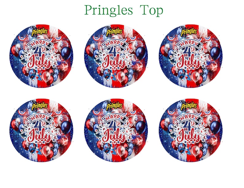 Pu&ograve; includere: Sei coperchi rotondi per lattine Pringles con un design patriottico per il 4 luglio. Ogni coperchio presenta uno schema di colori rosso, bianco e blu con palloncini, fuochi d'artificio e la scritta "Happy 4th of July". Il logo Pringles &egrave; visibile.