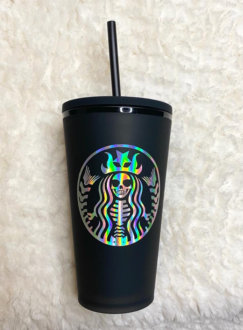 Holographic Skeleton Mermaid Matte Black Starbucks Cup l 16oz | Etsy