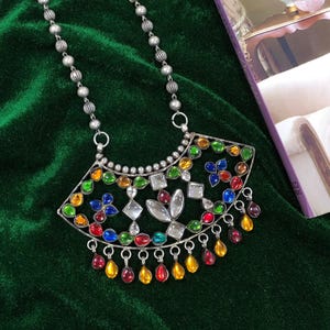 PURE~925 Sterling Silver With Multi Stones Handmade Necklace, Indian Antique Silver Bridal Look Kundan Necklace For Gift, Weight~ 86.5 Grams