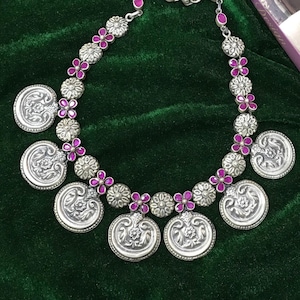 925 Sterling Silver With Kundan Stone Necklace, Silver Wedding Necklace, Antique Silver Necklace, Gift For Her, Weight~ 72.2 Grams