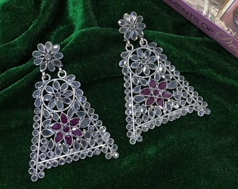 Rajasthani Tradition Silver Earring In 92.5 Sterling Silver With Red & White Crystal Stones Earring, Handmaid Earring Weight = 31 Gm