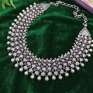 Handmade~ 925 Sterling Silver With Kundan Stone Necklace, Antique Silver Bridal Necklace, Gift For Her, Weight~ 128.2 Grams