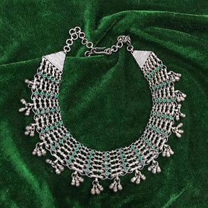 Pure~925 Sterling Silver Necklace With Green Stones & Silver Balls, Indian Design Handmade Necklace, Gift For Her, Weight~ 188.9 Grams