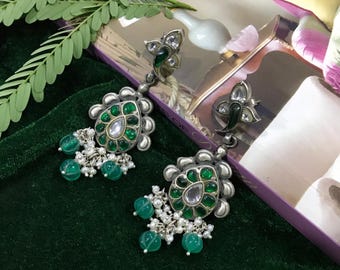 Boucles d&#39;oreilles faites main Kundan en argent sterling 925, Boucles d&#39;oreilles en argent avec pierres précieuses en onyx vert naturel, Cadeau pour elle, Poids ~ 25,6 grammes