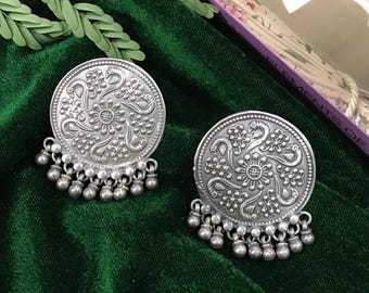 Boucle d&#39;oreille faite main en argent sterling 925, clou d&#39;oreille en argent motif paon en argent, boucle d&#39;oreille en forme de cloche en argent, cadeau pour son poids ~ 21 grammes