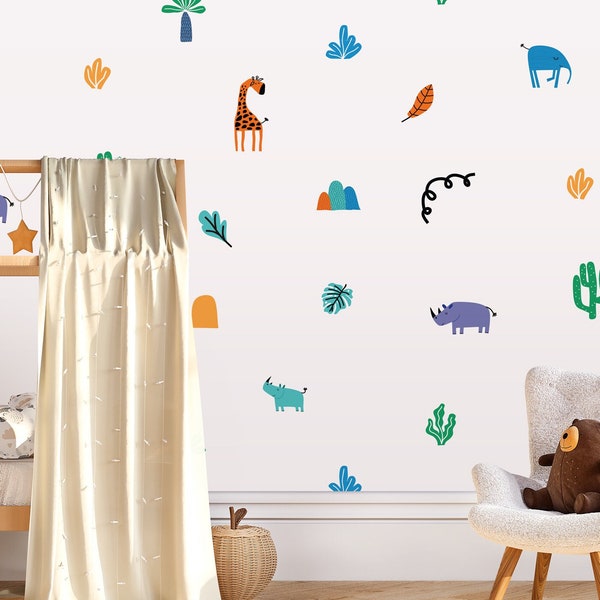 Abstract Animals Wall Decals, Kids Accent Wall, Safari Nursery Decor, Bright Wall Decals, Cute Jungle Wall Decals, Giraffe Wall Decal