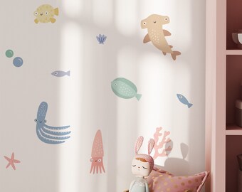 Cute Under The Sea Nursery Decor, Pastel Sea Life Wall Decals, Ocean Wall Stickers, Coastal Wall Decals, Marine Wall Decals, Nautical Room