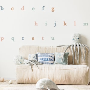 Schattige pastelkleurige alfabetmuurstickers met kleine letters, boho-kinderen ABC-muurstickers, perfect voor schoolmuurdecoratie